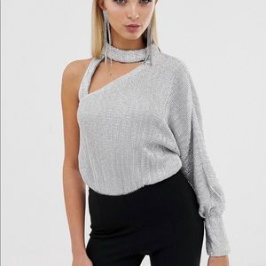 One shoulder silver sequin bodysuits